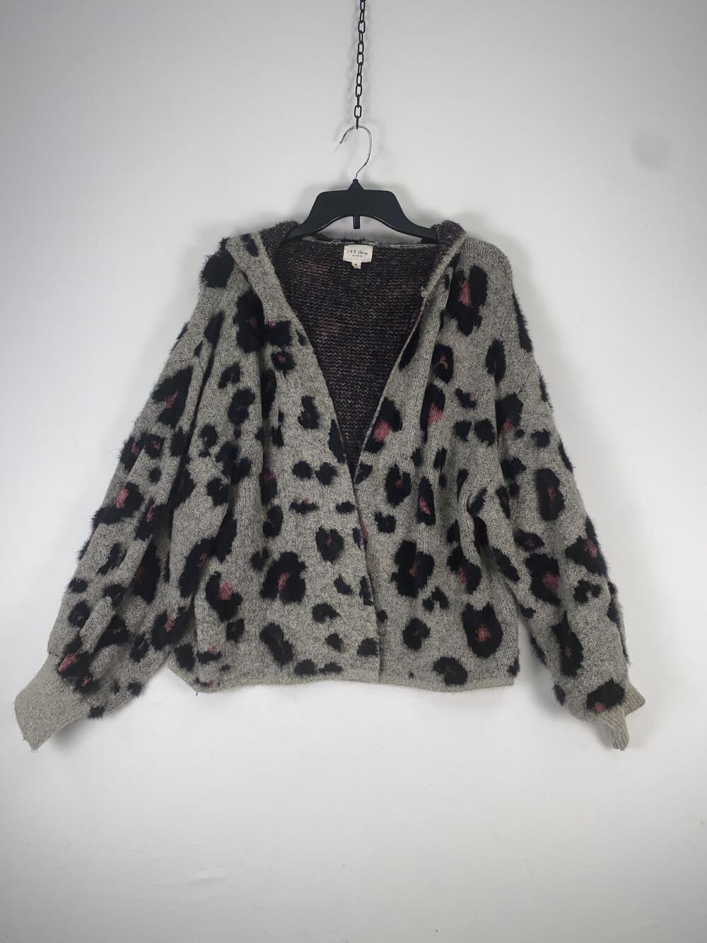 143 Story Cardigan Sweater Womens Medium Gray Leopard Hooded Open Front Knit